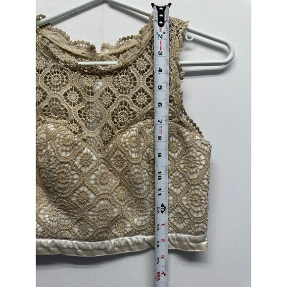 Y2K Metallic Lace Crop Top – Sequin Hearts Gold Bustier Style - Picture 4 of 9